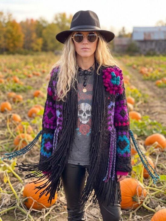 Handmade Sweaters - Boho Black Colorful Granny Square Super Fringe Sweater Large